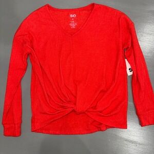 SO Womens Red Long Sleeve V Neck Ribbed Knot Front Top Blouse Size M
